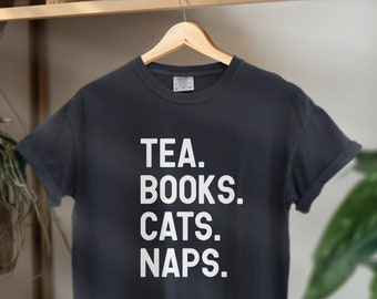 Tea Books Cats Naps T-Shirt for Reader, Bookish Cat Lover Gifts, Bookworm Comfort Colors® Shirt