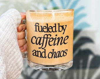 Fueled by Caffeine and Chaos Glass Mug, Writer Coffee Cup, Funny Mug for New Moms, Gift for Authors