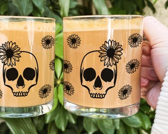 Sunflower Skull Glass Mug, Floral Goth Coffee Cup, Cute Skeleton Iced Coffee Mug, Spooky Fall Drinkware, Aesthetic Halloween Gift
