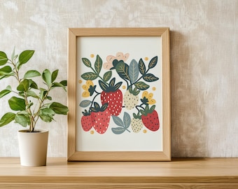 Strawberry Poster, Vintage Strawberry Wall Art for Reading Room, Cottagecore Book Nook Decor, Strawberry Decor for Nursery or Kitchen, FB003