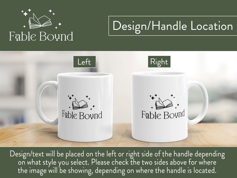 May include: Two white coffee mugs with a black and white design of a book with stars. The text "Fable Bound" is printed on the mug. The mugs are shown from the side, one with the design on the left side of the mug and the other with the design on the right side of the mug.