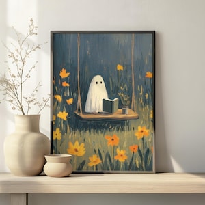 Summerween Ghost Art Print, Bookish Ghost Reading Wall Art, Cottagecore Halloween Home Decor