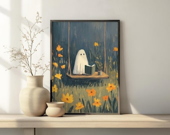 Summerween Ghost Art Print, Bookish Ghost Reading Wall Art, Cottagecore Halloween Home Decor