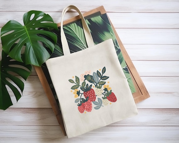 Strawberry Tote Bag, Vintage Strawberry Cottagecore Canvas Tote, Farmer Market Shopping Bag, FB003