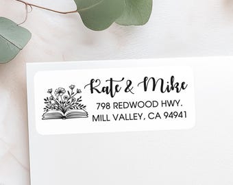 Floral Book Return Address Labels, Customized Bookish Wedding Label, Whimsy Mailing Stickers for Envelopes