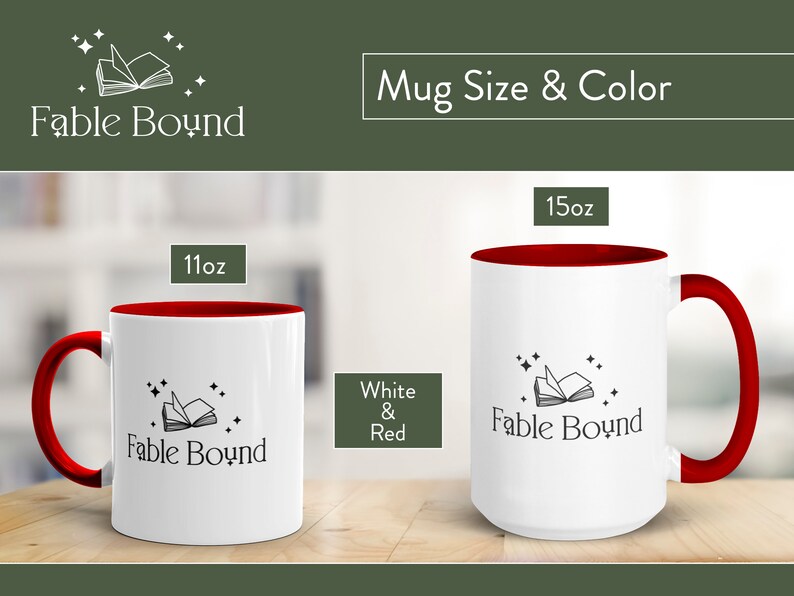 May include: White ceramic mug with a red rim and handle. The mug features a black and white illustration of an open book with stars, and the text "Fable Bound". The mug is available in two sizes: 11 oz and 15 oz.