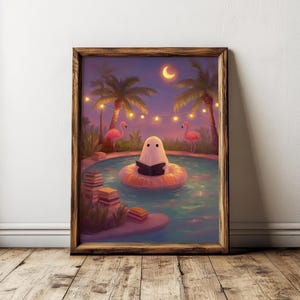 Bookish Ghost Reading Printed Poster, Summerween Bookish Wall Art, Book Nook Decor, Summer Halloween Wall Decor