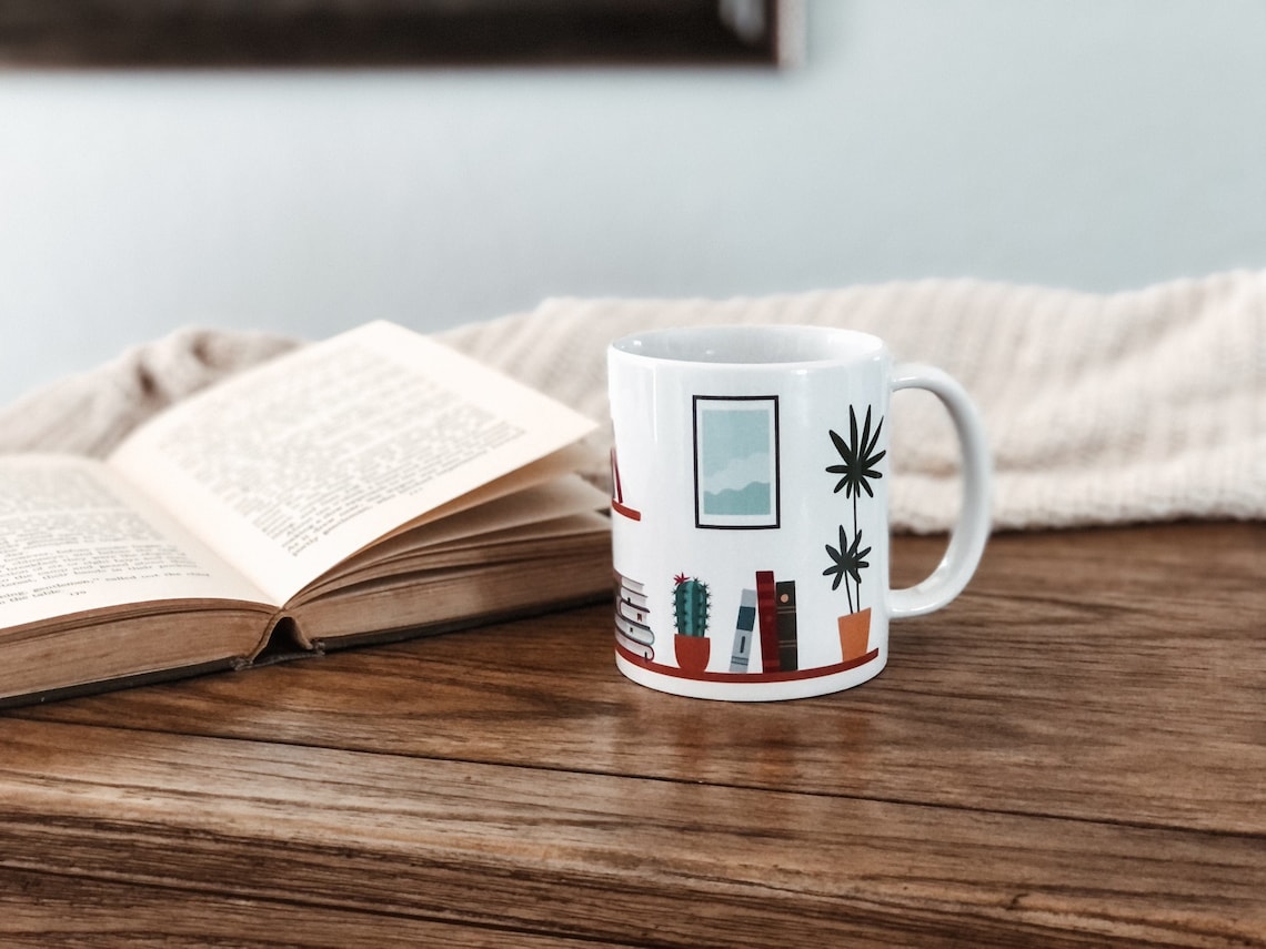 Bookish Mug Bookshelf Mug Books and Plants Book Lover Mug Etsy