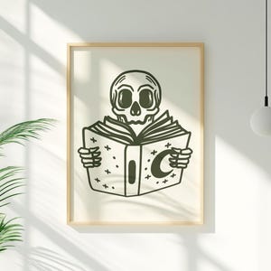 Skeleton Reading Book Wall Art, Bookish Halloween Decor, Dark Academia Print, Cute Spooky Bookworm Poster, Gift for Book Lovers, FB027