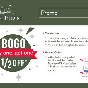 May include: Promotional graphic for stickers from Fable Bound. The design features a green circle with the text "BOGO buy one, get one 1/2 OFF" on a red banner. Instructions on how to order are included.