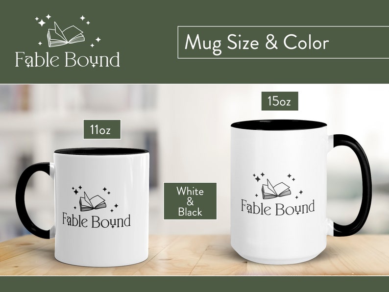 May include: Two white ceramic mugs with black rims. The mugs feature a black and white illustration of an open book with stars. The text "Fable Bound" is printed on the mugs. The mugs are available in 11oz and 15oz sizes.