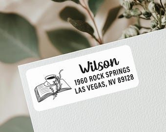 Personalized Vintage Book Return Address Labels, Coffee and Books Mailing Stickers for Envelopes, Bookish Wedding Labels