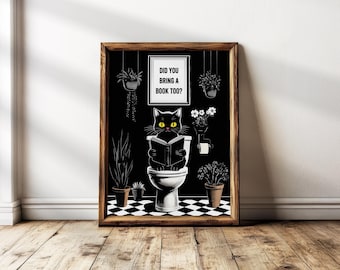 Black Cat Reading Printed Poster, Bookish Cat and Books Wall Art for Bathroom, Funny Cat Home Decor Gifts