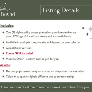 Puede incluir: P&aacute;gina de detalles del listado de productos con el logotipo de Fable Bound. La p&aacute;gina incluye informaci&oacute;n sobre un p&oacute;ster de alta calidad impreso en papel semimate, disponible en m&uacute;ltiples tama&ntilde;os y con orientaci&oacute;n vertical. El marco no est&aacute; incluido.