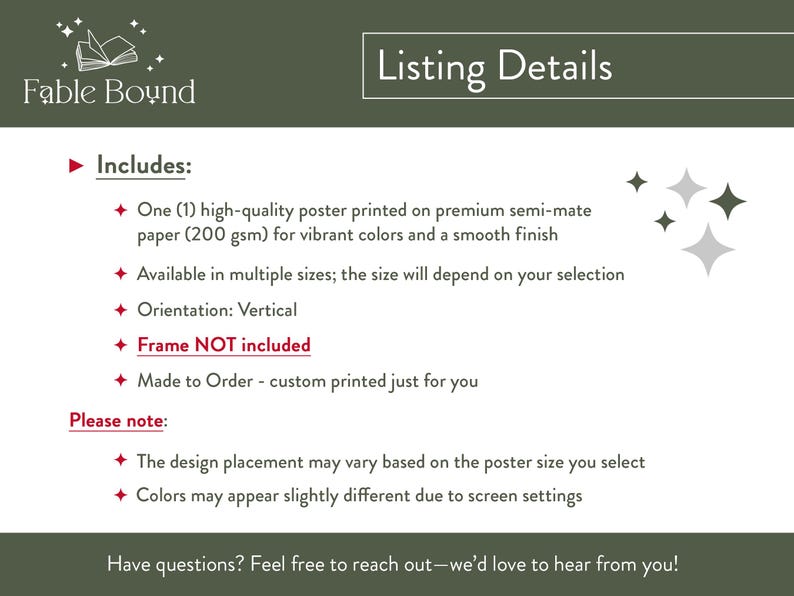 Puede incluir: P&aacute;gina de detalles del listado de productos con el logotipo de Fable Bound. La p&aacute;gina incluye informaci&oacute;n sobre un p&oacute;ster de alta calidad impreso en papel semimate, disponible en m&uacute;ltiples tama&ntilde;os y con orientaci&oacute;n vertical. El marco no est&aacute; incluido.
