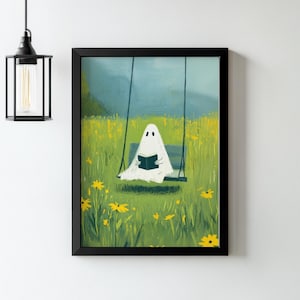 Cottagecore Ghost Reading Poster, Summerween Bookish Wall Art, Whimsical Floral Ghost Art, Bookish Floral Ghost Home Decor