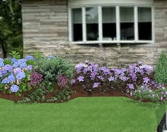 May include: A suburban home with a stone facade and a front porch with steps leading to the front door. The home has a large bay window and a lush green lawn with purple flowers.