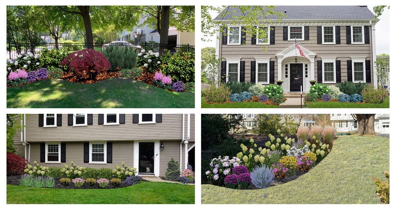 May include: Four different images of a house with landscaping. The first image shows a red maple tree in the center of a flower bed with a variety of flowers and shrubs. The second image shows a house with a front porch and a flower bed with a variety of flowers and shrubs. The third image shows a house with a front door and a flower bed with a variety of flowers and shrubs. The fourth image shows a house with a flower bed with a variety of flowers and shrubs.