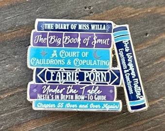 Faerie Porn Bookstack Enamel Pin, Fantasy Smut (Dark Version)