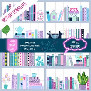 May include: A seamless digital paper pattern featuring a bookshelf filled with colorful books, a typewriter, a teacup, a potted plant, and a fishbowl. The pattern is perfect for scrapbooking, card making, and other craft projects.