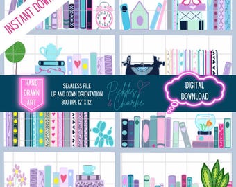 Bookshelf Seamless File – Hand Drawn Art, 12x12 PNG (Digital Download)