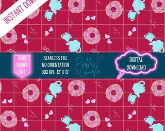 Valentine's Day Donuts Seamless File – Tea, Hearts Pattern (Digital Download)