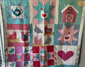 Chicken with Barn 56” x 52” Handmade Cotton Appliqué Quilt