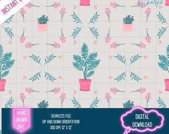 Peachy Plants Seamless Pattern – Hand-Drawn Digital File (12x12", PNG)