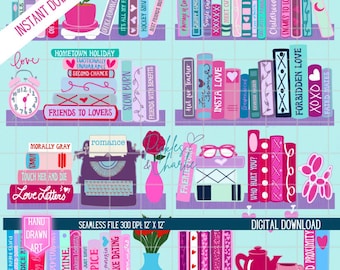 Romance Tropes Bookshelf Seamless File – Hand-Drawn PNG (Digital Download)