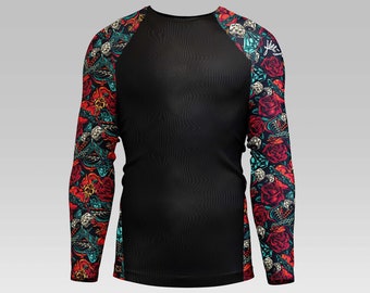 Men's BJJ Rash Guard - JiuJitsu Tattoo Series Roses and Dice Arms Only