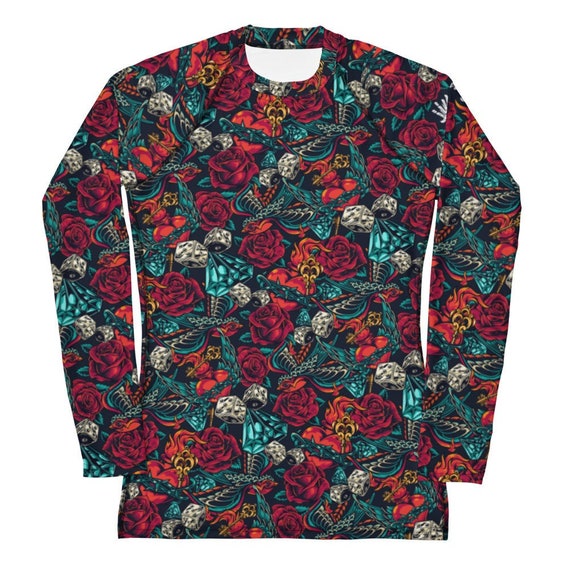Women's BJJ Rash Guard - JiuJitsu Tattoo Series Roses and Dice