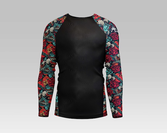 Men's BJJ Rash Guard - JiuJitsu Tattoo Series Roses and Dice Arms Only