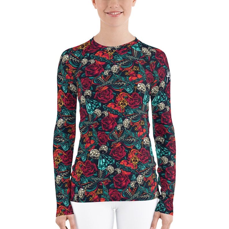 Women's BJJ Rash Guard - JiuJitsu Tattoo Series Roses and Dice image 5