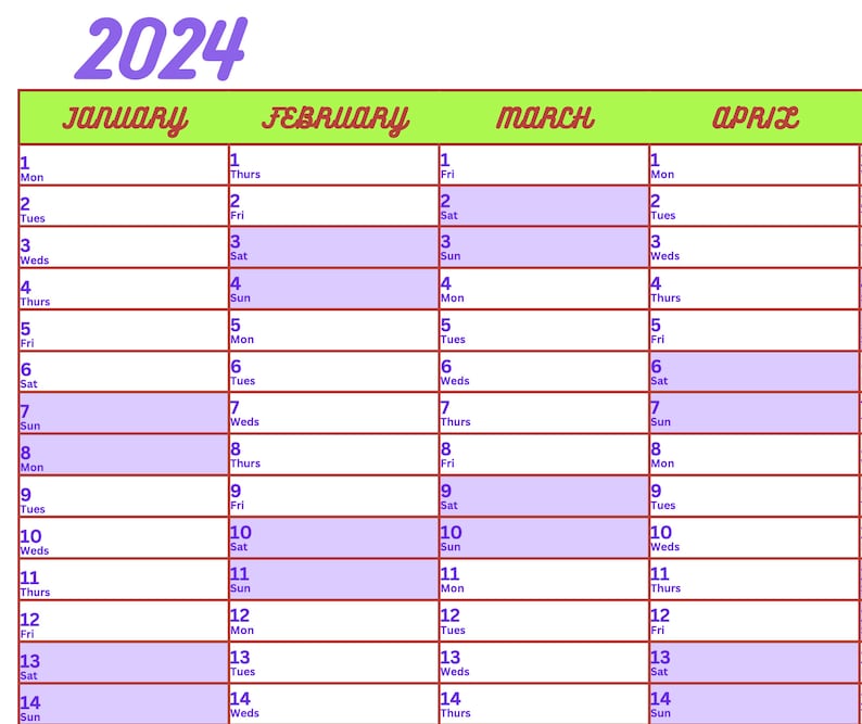Calendario anual 2024 PDF imprimible en colores Etsy México
