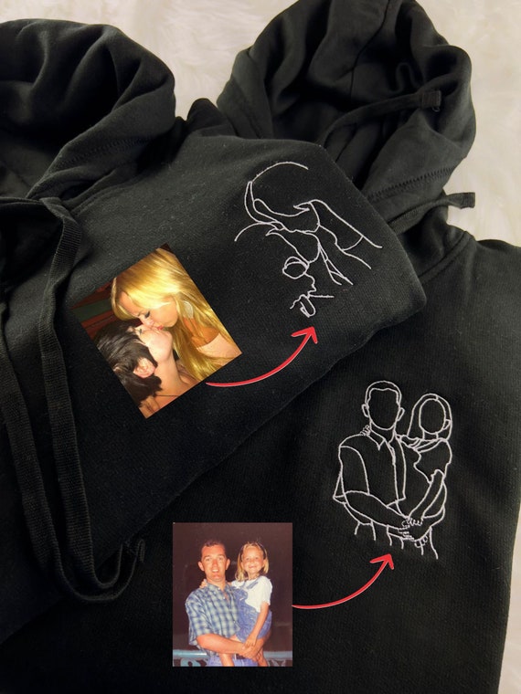 Photo Embroidered Outline Couple Hoodie, Custom Sketch From Photo  