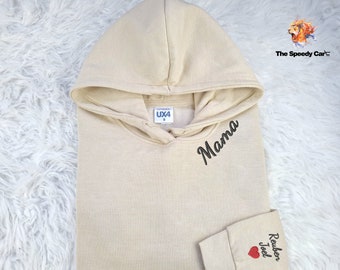 Embroidered Mama Hoodie, Custom Collar and Sleeve Embroidered Hoodie, Gifts for Grandmother Mum Jumper, Mother’s Day Gift Initials Hoodie