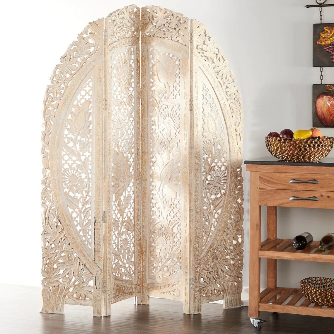 Tri Fold Room Divider With Carvings And Arched Top White 60 Etsy