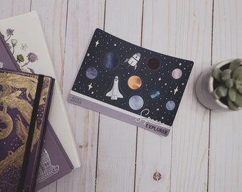 Space Explorer - Bullet Journal and Planner Sticker Sheet - Coloridos planetas y spaceship Sticker, Decorate Outer Space Night Sky