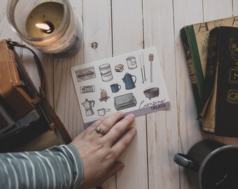 Camping Treats - Bullet Journal and Planner Stickers Set - Outdoorsy Decorative Stickers, S'mores Stickers, Enamel Coffee Mug, Vintage Font