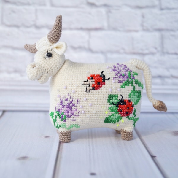 Crochet cow stuffed animal, amigurumi cow with flowers, strawberry cows, collectible art cow , mothers day gift soft toy, cottagecore