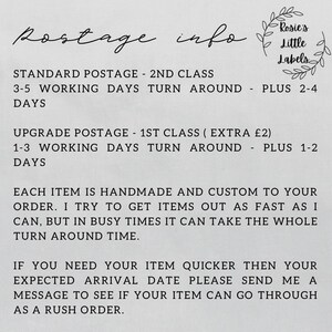 May include: A notice with the heading "Postage info" details standard and upgraded shipping options. The text also mentions handmade and custom orders. The logo "Rosie's Little Labels" is in the upper right corner. The background is light.