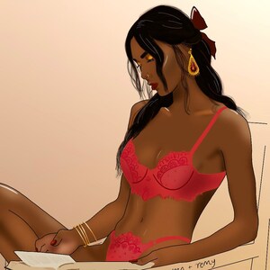South Asian Woman Reading Printable Art – Lingerie Illustration, Body Positive Wall Art, Feminine Digital Download, Empowered Woman Decor