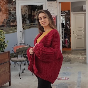 Burgundy cardigan, Chunky cardigan, Knit cardigan and sweater women, Wool cardigan, Crochet howl coat, lantern sleeve cardigan