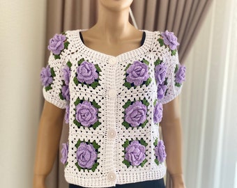 Bolero de algodón a crochet: Chaleco bohemio de rosas lilas