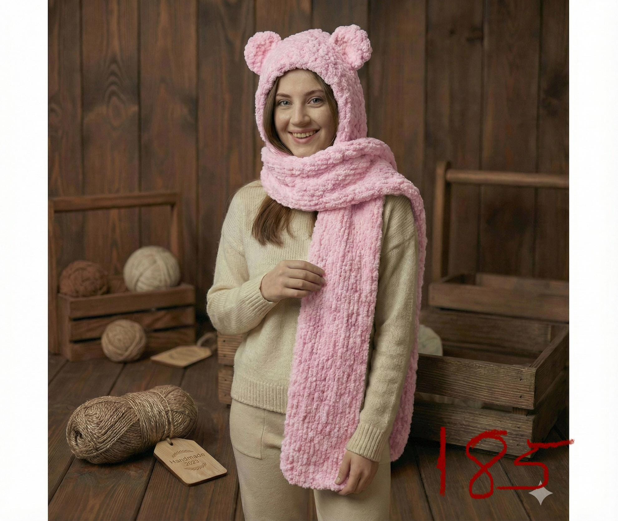 Unbranded Bear Ear Balaclava Hood Adult One Size Oatmeal Fleck Chunky Knit Snood Crochet Bear Balaclava With Ears: Hand-knit Winter Ski Mask  main image 2