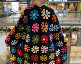 3d daisy crochet cardigan, Crochet long jacket, 3d daisy cardigan, Daisy square crochet cardigan, Mother&#39;s day cardigan