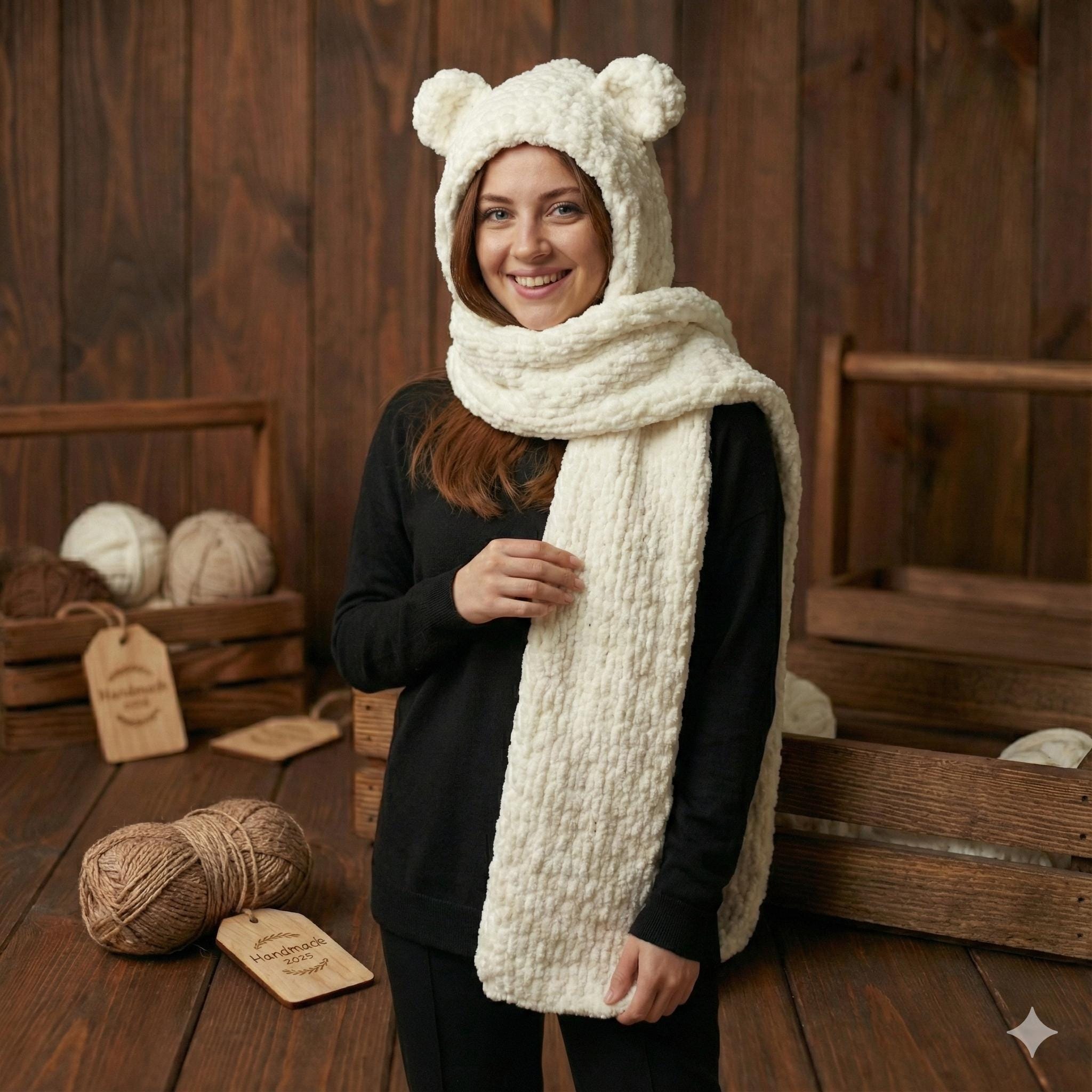 Unbranded Bear Ear Balaclava Hood Adult One Size Oatmeal Fleck Chunky Knit Snood Crochet Bear Balaclava With Ears: Hand-knit Winter Ski Mask  main image 3