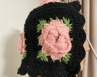 Granny square rose bonnet, crochet winter bonnet, granny square rose balaclava, crochet winter bonnet