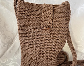 Handmade Crochet Shoulder Bag: Brown Macrame Yarn, Wooden Button