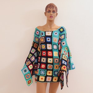 Granny square crochet dress, crochet bell sleeves dress, crochet festival dress, multicolor crochet dress, crochet granny square dress